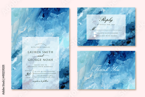 wedding invitation set with blue abstract painting background