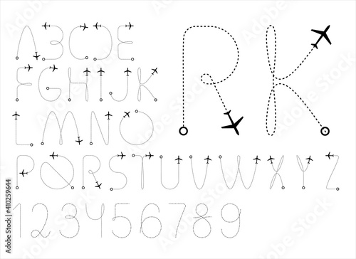 Font, type - airline business or tourist travel logo design. Flight radar tracking dotted line fly trajectory - start and destination points.