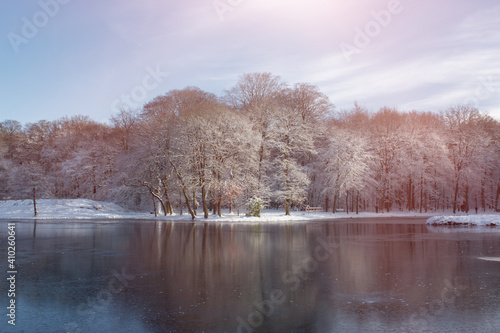 Beautiful winter landscape at sunrise, snow-covered trees and frozen water under sunny blue sky