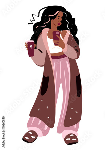 Young sleepy woman with coffee cup and smartphon making selfie. Pajama party or sleepover party invitation. Trendy hand-drawn vector flat illustration, selfie girl isolated on white background.