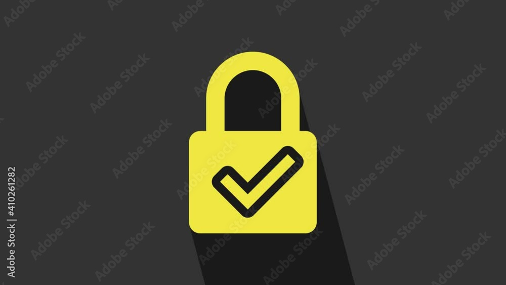 Yellow Open padlock and check mark icon isolated on grey background. Cyber security concept. Digital data protection. Safety safety. 4K Video motion graphic animation Yellow Open padlock and check mark icon isolated on grey background. Cyber security concept. Digital data protection. Safety safety. 4K Video motion graphic animation