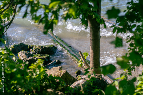 Bright Tropical View Of Beach With Ruined Concrete Structures.