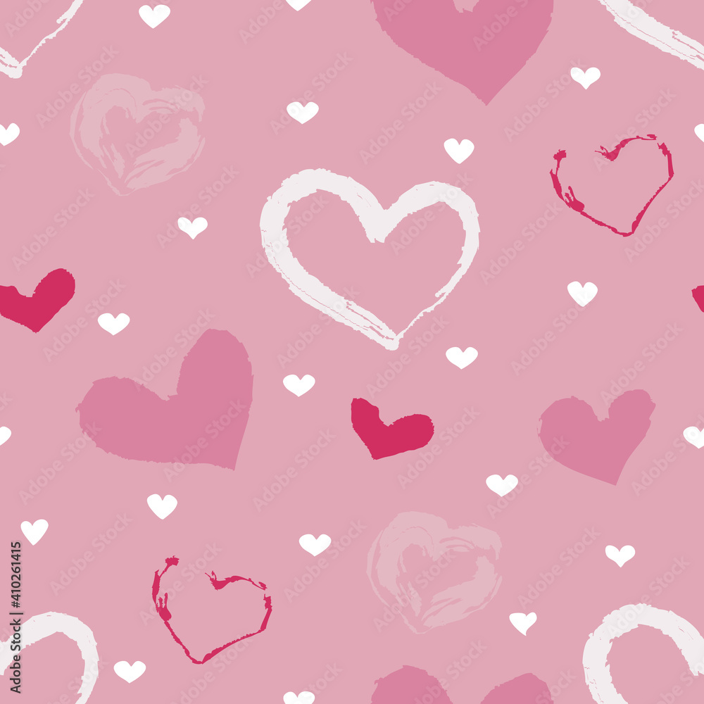 Seamless Pattern with hand drawing Hearts in trending color. Romantic collection of templates. Pink color background red white color hearts. Vector illustration.