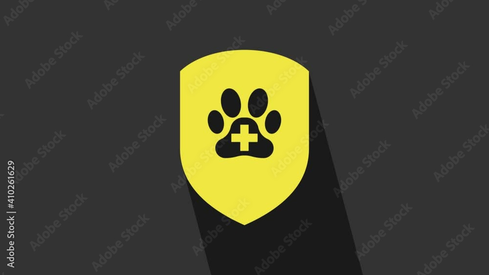 Yellow Animal health insurance icon isolated on grey background. Pet protection icon. Dog or cat paw print. 4K Video motion graphic animation Yellow Animal health insurance icon isolated on grey background. Pet protection icon. Dog or cat paw print. 4K Video motion graphic animation