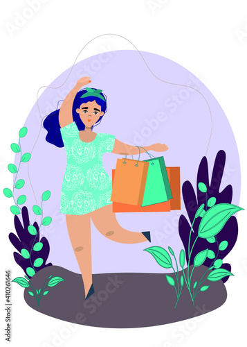 A happy girl on a floral background with shopping bags, in a good mood after shopping. A flat vector illustration