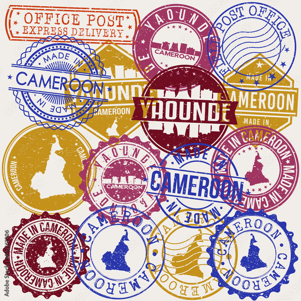 Yaounde Cameroon Set of Stamps. Travel Stamp. Made In Product. Design Seals Old Style Insignia.