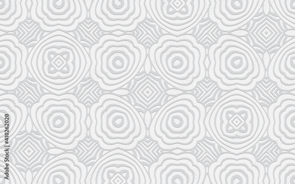 3d geometric stylish convex pattern in the form of an ornament. Ethnic oriental white background in Indian doodling style. Texture for design and decoration. 3d geometric stylish convex pattern in the form of an ornament. Ethnic oriental white background in Indian doodling style. Texture for design and decoration.