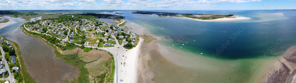 Historic village on Great Neck and Pavilion Beach aerial view at Ipswich Bay in town of Ipswich, Massachusetts MA, USA. 