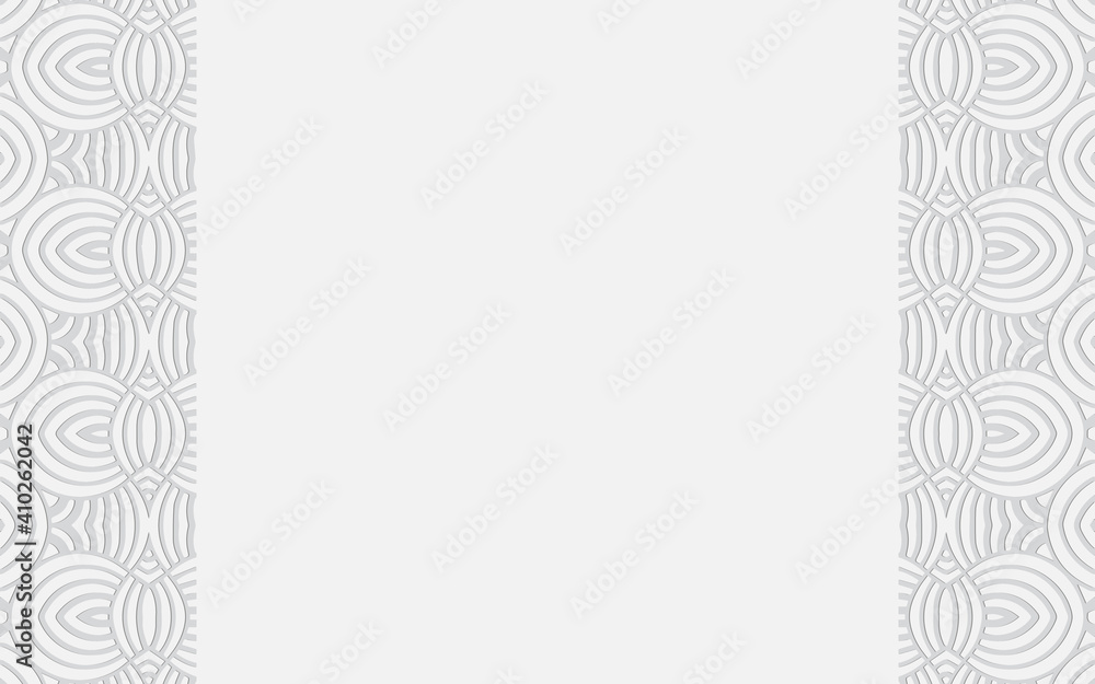 Fototapeta premium 3D geometric original convex pattern with vertical inserts in the form of an ornament. Ethnic oriental white background in doodling style.Texture for design and decoration.