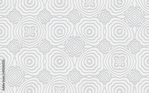 3d geometric stylish convex pattern in the form of an ornament. Ethnic oriental white background in Indian doodling style. Texture for design and decoration.