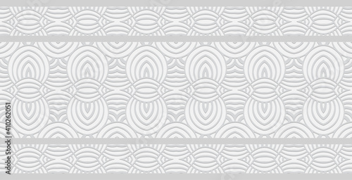 3d geometric original convex pattern in the form of an ornament. Ethnic oriental white texture in doodling style. Border for design and decoration.
