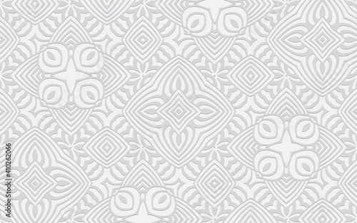 3d geometric convex pattern in Indian doodling style. Ethnic creative oriental white background texture for design and decoration.