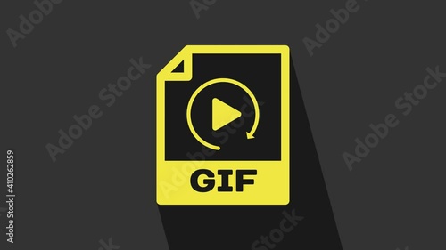 Yellow GIF file document. Download gif button icon isolated on grey background. GIF file symbol. 4K Video motion graphic animation photo