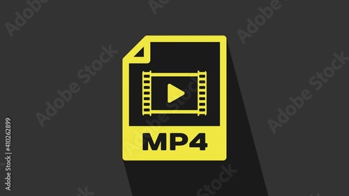 Yellow MP4 file document. Download mp4 button icon isolated on grey background. MP4 file symbol. 4K Video motion graphic animation photo