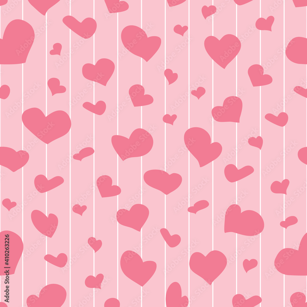 Pink Hearts Seamless Pattern for Valentine's Day Pink background white stripe romantic collection, textiles and fabric, print, wrapping, etc. Trending colors. Vector illustration.