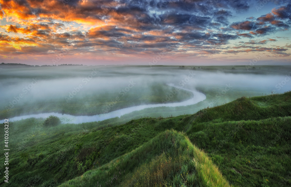Fototapeta premium Beautiful spring sunrise over river banks
