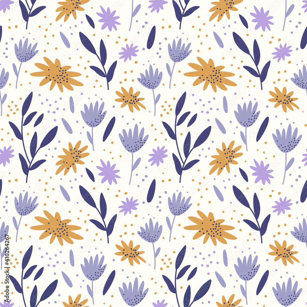 Seamless pattern with flowers and floral ornaments in pastel colors.