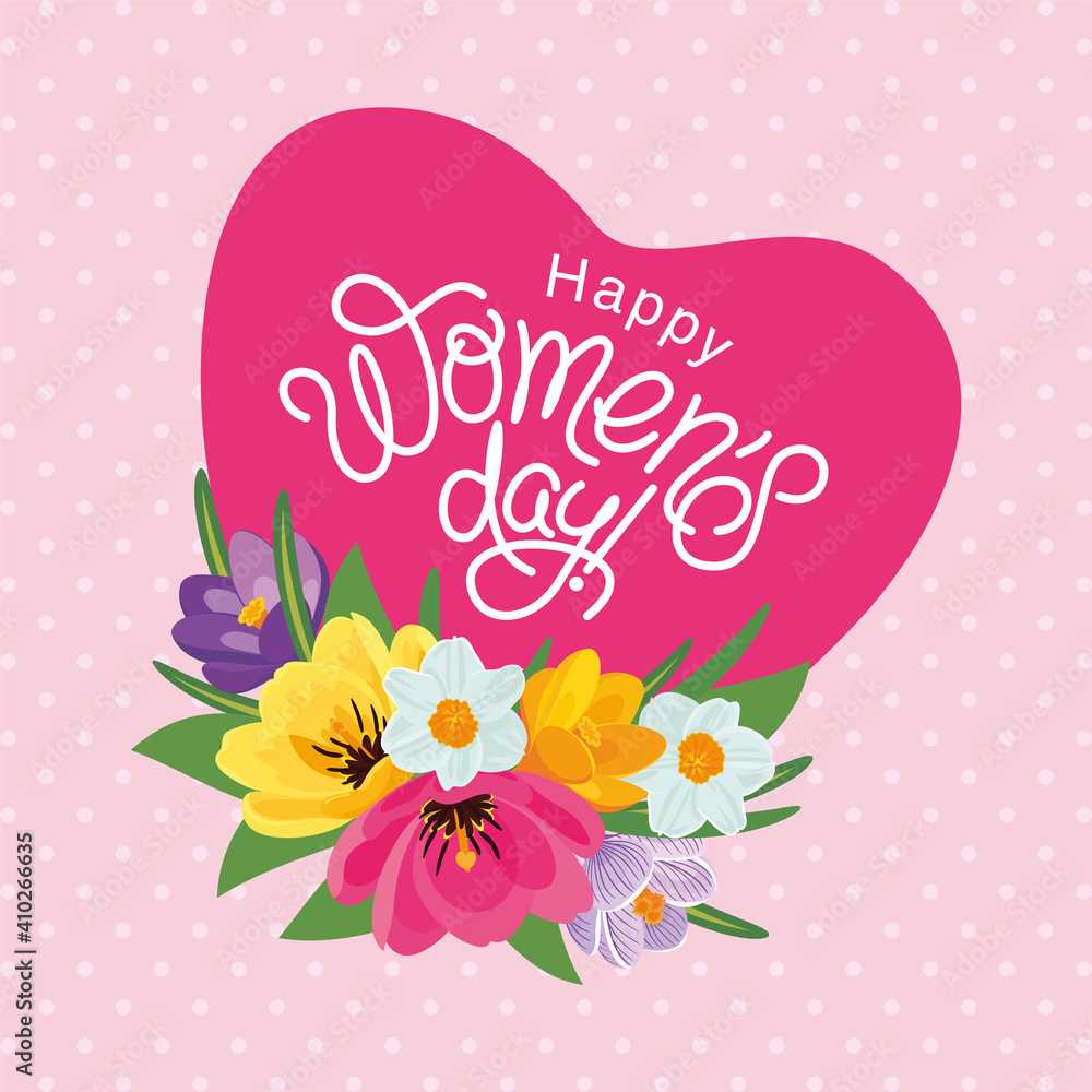 Beautiful greeting card for international women's day with lettering, heart, bouquet of blooming crocuses, tulips and daffodils. Vector illustration, background, flyer, invitation, sale coupon Beautiful greeting card for international women's day with lettering, heart, bouquet of blooming crocuses, tulips and daffodils. Vector illustration, background, flyer, invitation, sale coupon