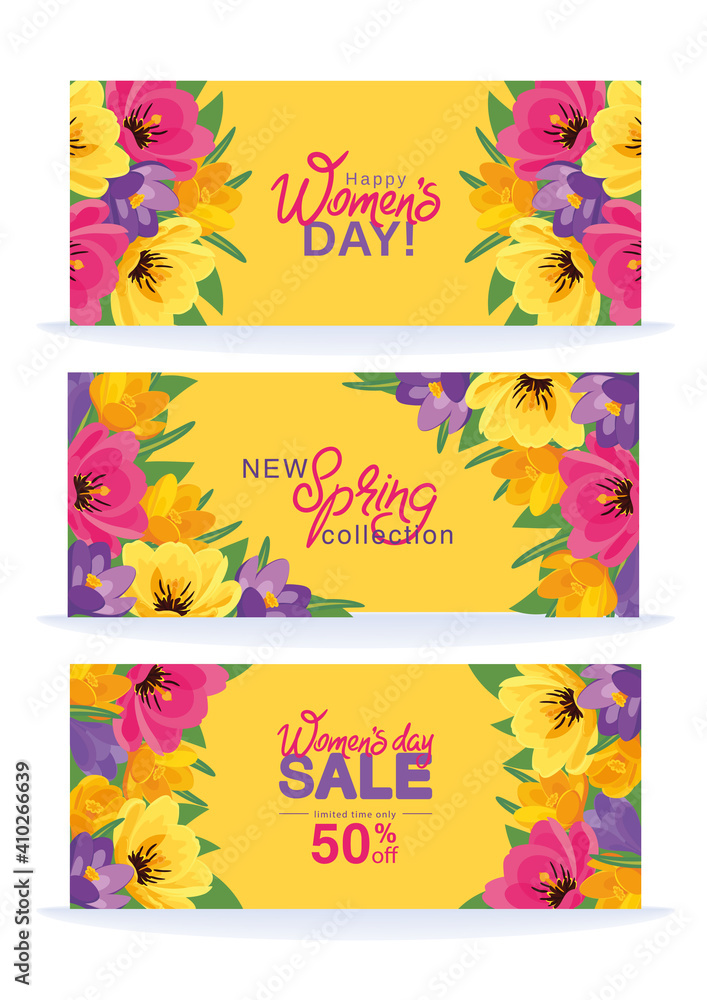 Set of beautifull promo banners for women's day, sale, new collection with blooming crocuses and tulips. Vector illustration, spring floral background, flayer, invitation