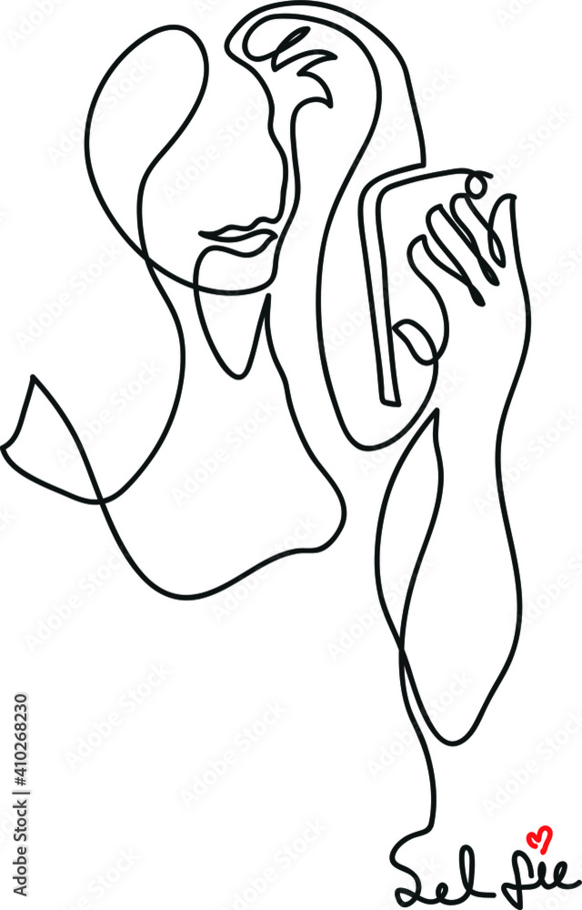 One line drawing of woman holding and using mobile phone taking selfie
One continuous line drawing of young beautiful woman and selfie concept.
One line drawing of woman holding and using mobile phone taking selfie
One continuous line drawing of young beautiful woman and selfie concept.