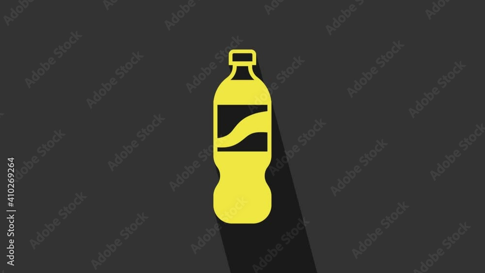 Yellow Bottle of water icon isolated on grey background. Soda aqua drink sign. 4K Video motion graphic animation