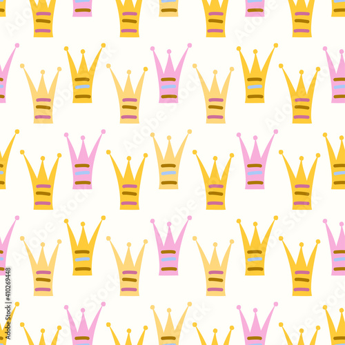 Seamless vector pattern with princess crowns on a light background.