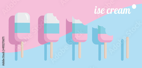 ice cream on a stick, bright, juicy drawing of summer, cold, milk dessert, whole, bitten off