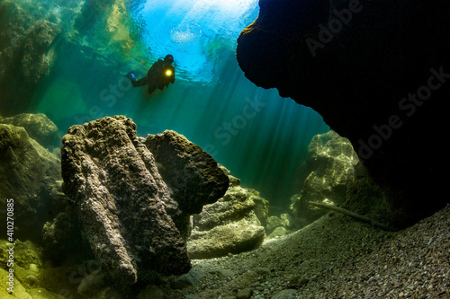 Teenage girl scuba diving in¬†Traun¬†river