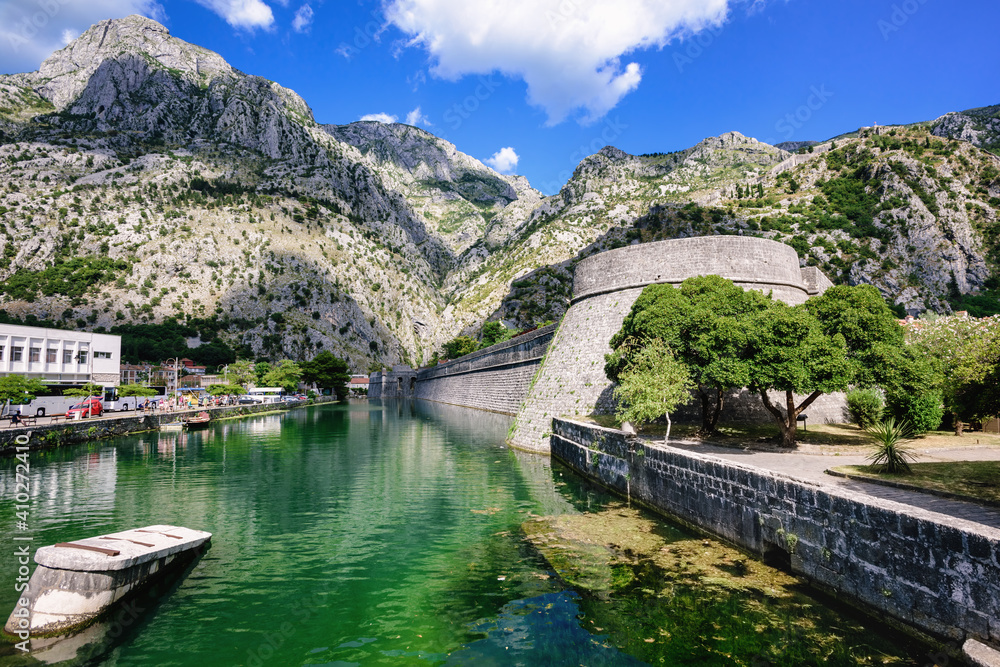 Ancient walls and the moat of Kotor town, Montenegro