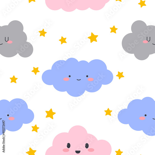 Seamless clouds smiling face pattern. Vector design for paper, cover, wallpaper, fabric, textile, interior decor and other project.