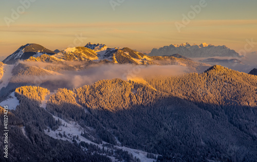 Mountain morning foggy nature landscapes winter pre alps mountains bavaria germany winter snow.
