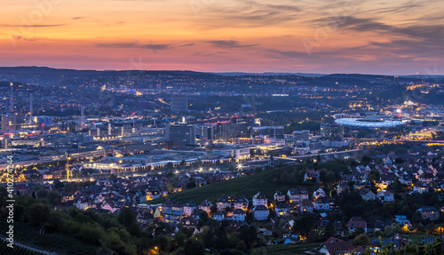Stuttgart germany skyline aerial view city downtown at night.