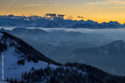 Pre alps mountains at winter snow foggy mountain, mist nature landscapes.