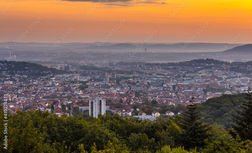 Stuttgart skyline aerial view at sunrise germany.