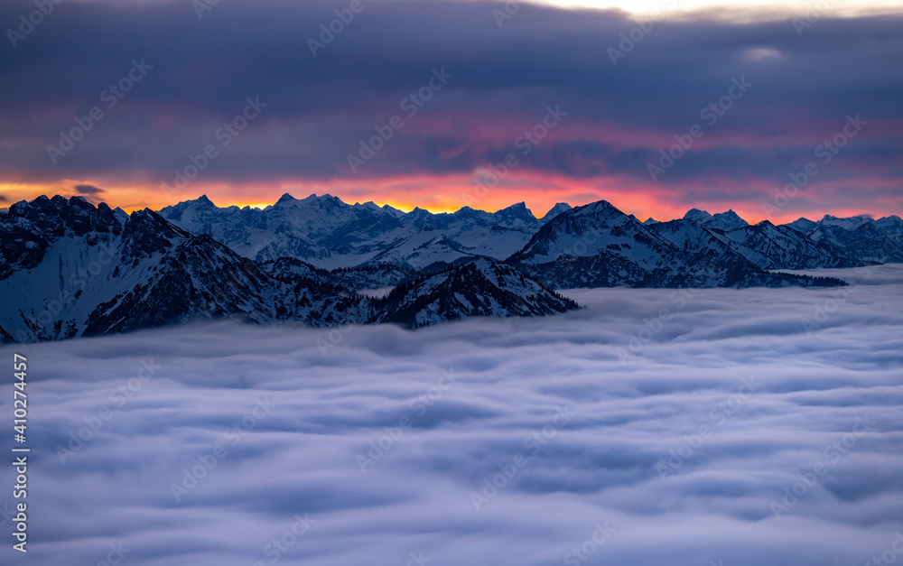 Obraz premium Alps mountain panorama after sunrise foggy mountain, mist fog nature landscapes.
