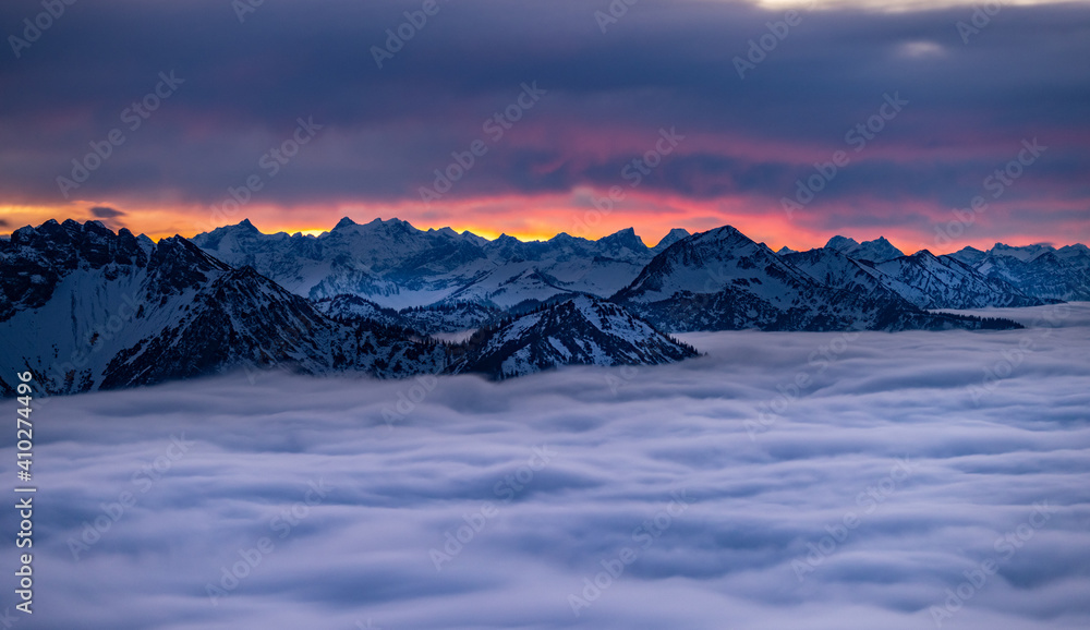 Alps mountain panoramic view at sunset colored sky winter snow fog foggy nature landscapes