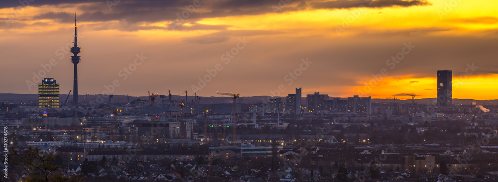 Munich skyline aerial view at sunrise volored sky downtown.