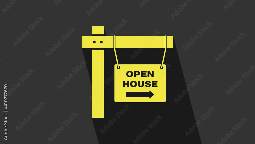 Yellow Hanging sign with text Open house icon isolated on grey background. Signboard with text Open house. 4K Video motion graphic animation Yellow Hanging sign with text Open house icon isolated on grey background. Signboard with text Open house. 4K Video motion graphic animation