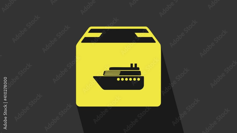 Yellow Cargo ship with boxes delivery service icon isolated on grey background. Delivery, transportation. Freighter with parcels, boxes, goods. 4K Video motion graphic animation Yellow Cargo ship with boxes delivery service icon isolated on grey background. Delivery, transportation. Freighter with parcels, boxes, goods. 4K Video motion graphic animation