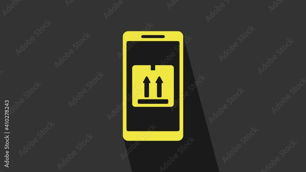 Yellow Mobile smart phone with app delivery tracking icon isolated on grey background. Parcel tracking. 4K Video motion graphic animation Yellow Mobile smart phone with app delivery tracking icon isolated on grey background. Parcel tracking. 4K Video motion graphic animation