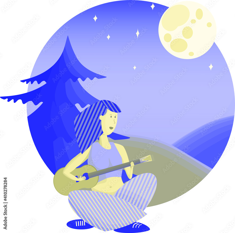 girl with a guitar under the moon