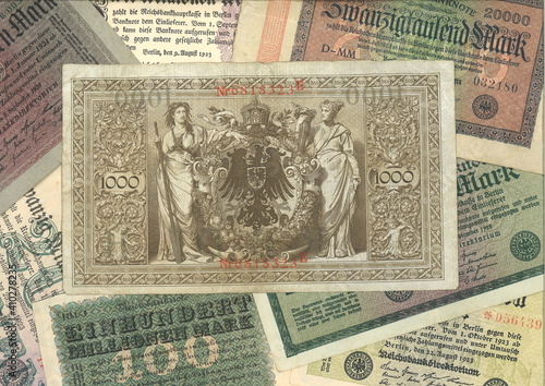 Old historic German inflation bank notes. The Rentenmark was a currency issued on 15 November 1923 to stop the hyperinflation of 1922 and 1923 in Weimar Germany. photo