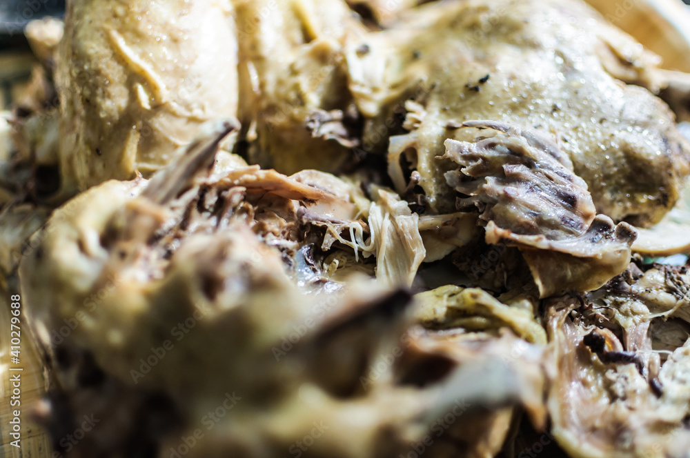 close up detail of boiled chicken with soft focus background prepared for meal close up detail of boiled chicken with soft focus background prepared for meal