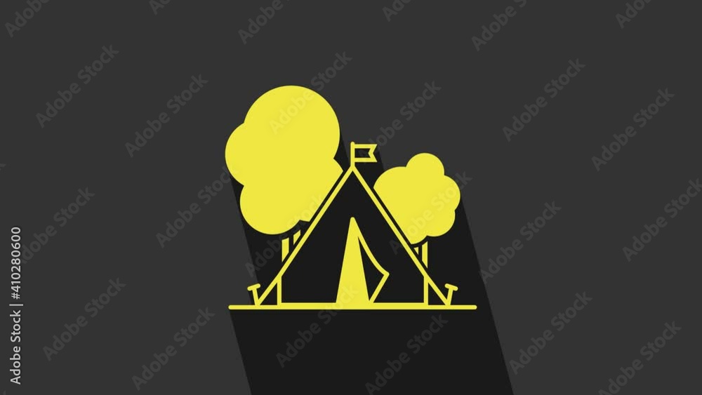 Yellow Tourist tent with flag icon isolated on grey background. Camping symbol. 4K Video motion graphic animation Yellow Tourist tent with flag icon isolated on grey background. Camping symbol. 4K Video motion graphic animation