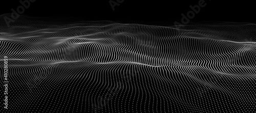 Wave 3d. Wave of particles. Dynamic wave on black background. Futuristic point wave. Design for poster. Technology vector background. Vector illustration.