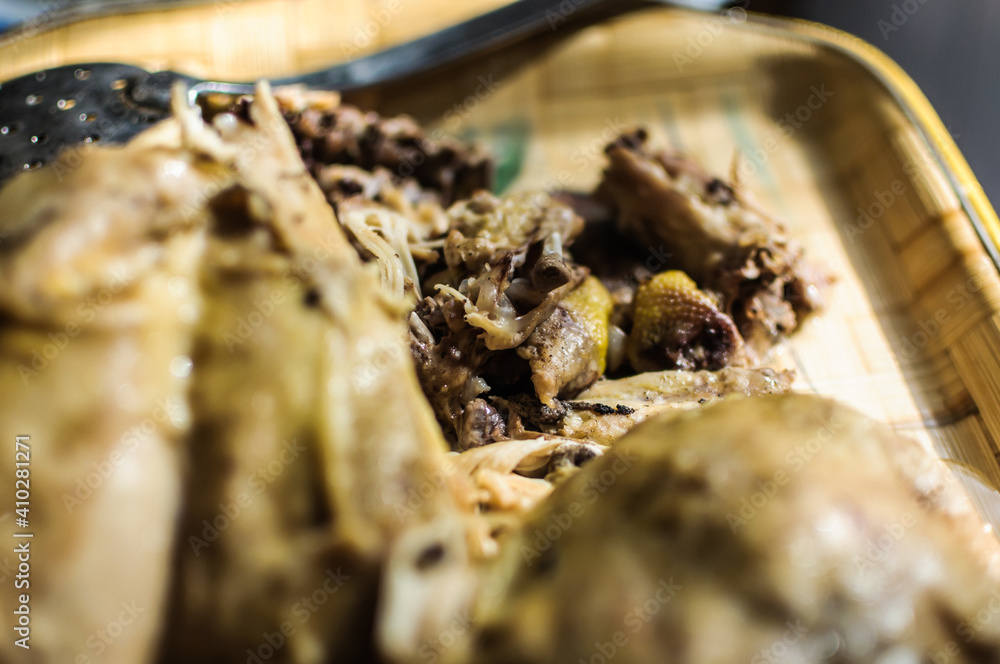 close up detail of boiled chicken with soft focus background prepared for meal close up detail of boiled chicken with soft focus background prepared for meal