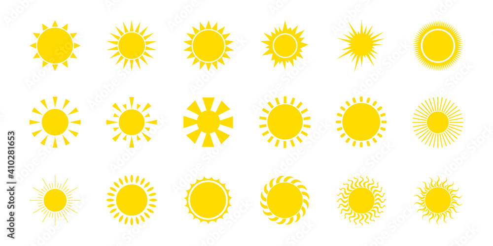 Sun icon set. Yellow sun icon set isolated on white background. For summer. Elements for design. Vector illustration. Sun icon set. Yellow sun icon set isolated on white background. For summer. Elements for design. Vector illustration.
