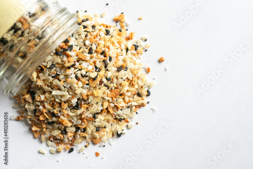 Bagel Seasoning Spilled from a Spice Jar