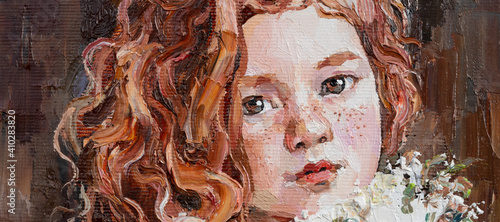 Fototapeta Naklejka Na Ścianę i Meble -  Portrait of a young red-haired girl holding flowers. Fragment of oil painting on canvas.