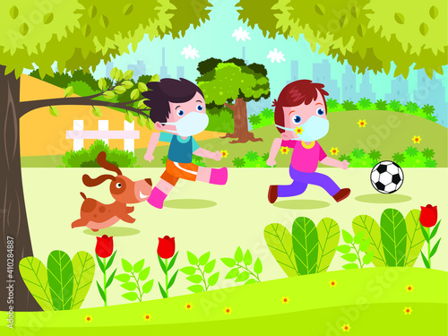 Fototapeta Naklejka Na Ścianę i Meble -  Kids playing soccer vector concept for banner, website, illustration, landing page, flyer, etc.